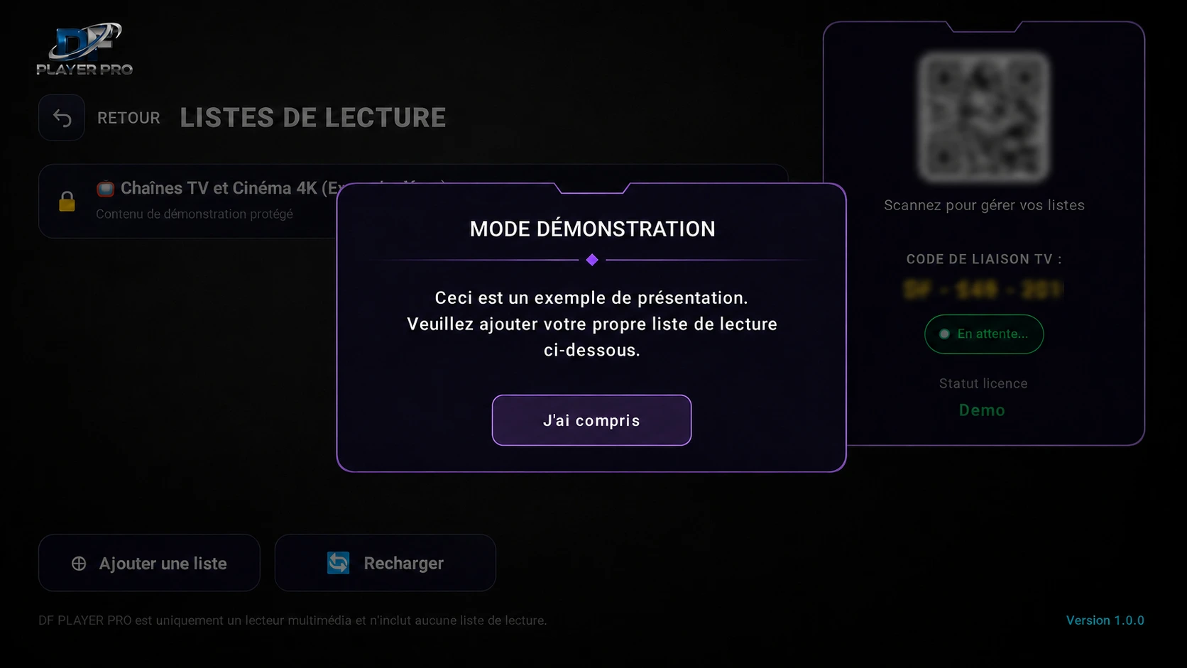 DF PLAYER PRO sur tablette Android en orientation horizontale — mode démonstration