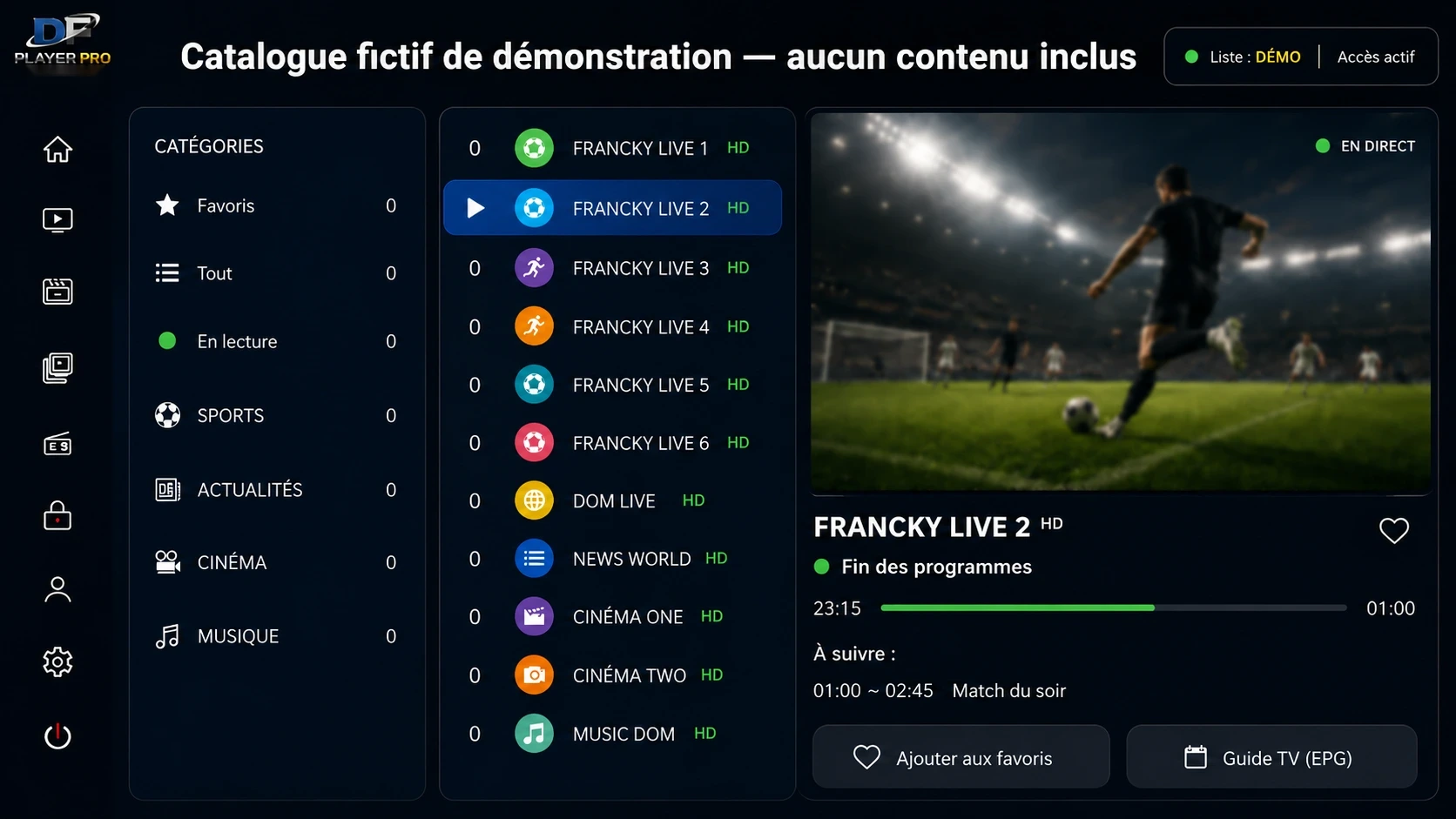 Interface TV en direct de DF PLAYER PRO sur grand écran